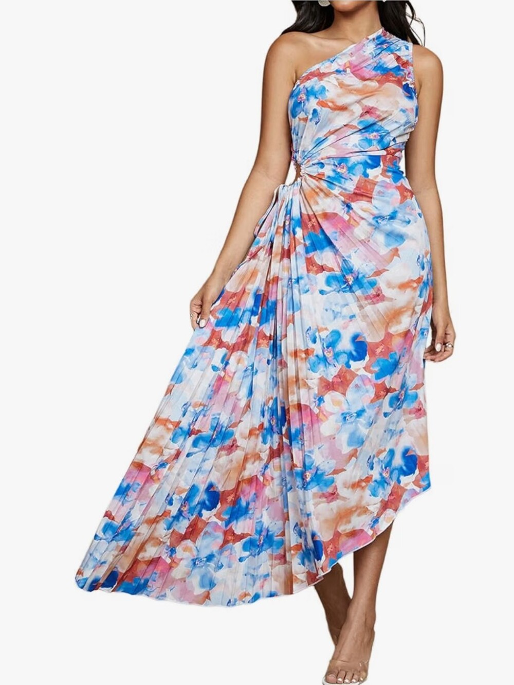 One-Shoulder Floral Pleated Midi Dress in Blue & Coral